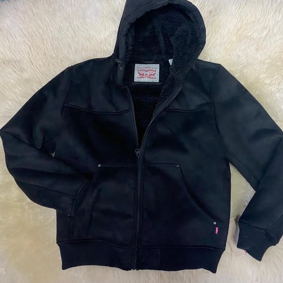 NWT $250 LEVI'S Men M Faux Suede Sherpa Lined Hoodie Bomber Trucker Jacket Black - Picture 7 of 10
